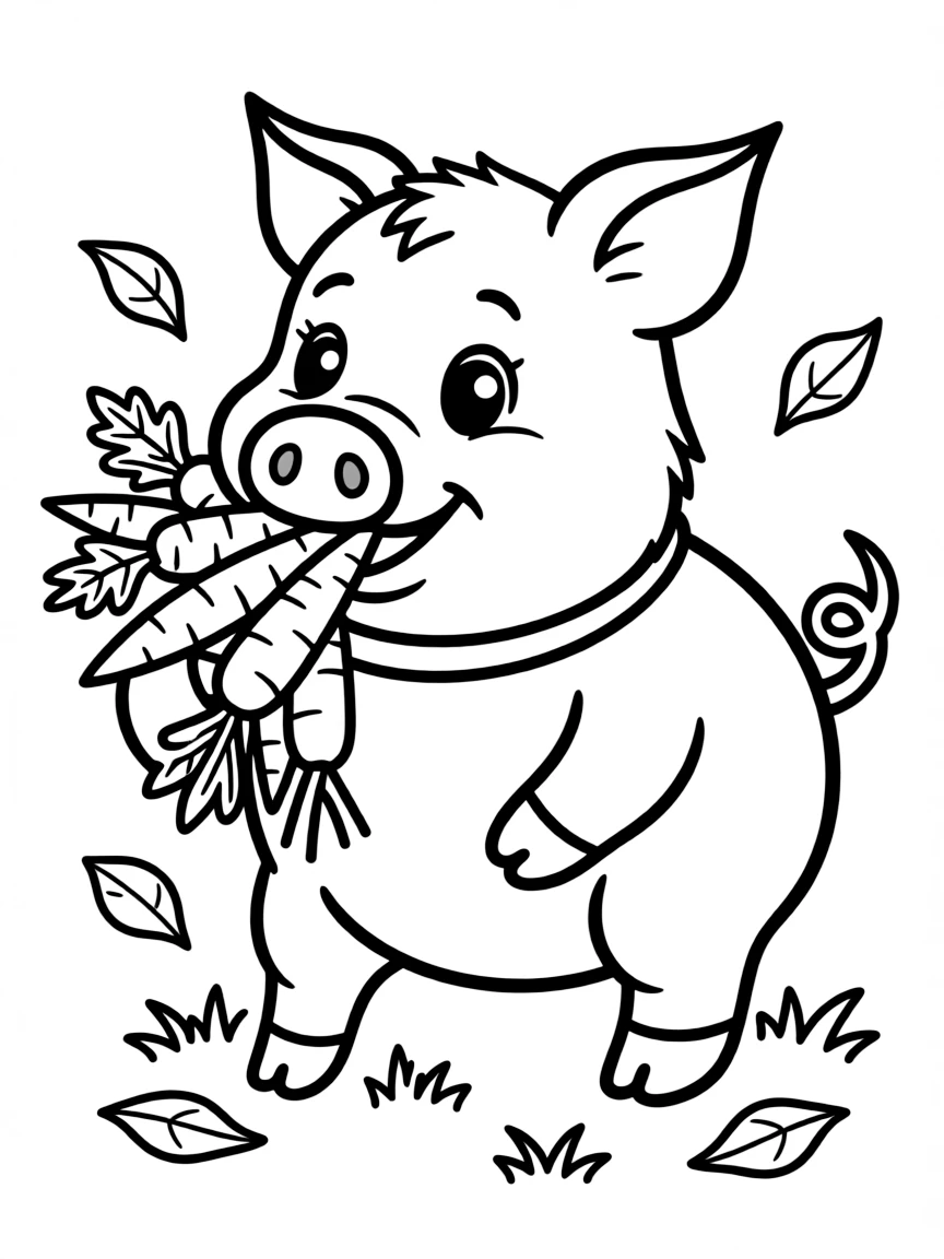 A pig holding a bunch of carrots in its mouth