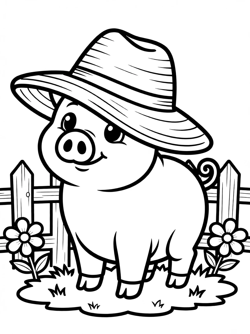 A pig with a farmer's hat that has fallen onto its head