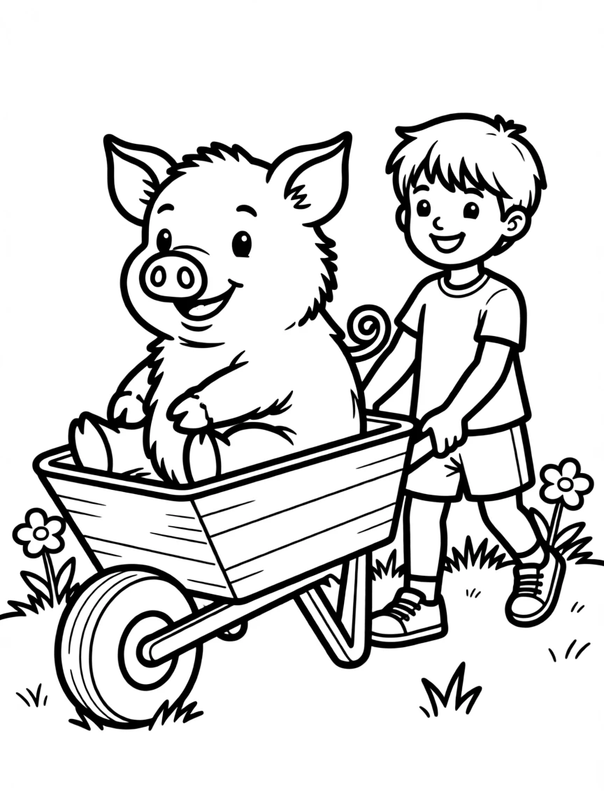 A pig sitting in a wheelbarrow being given a ride