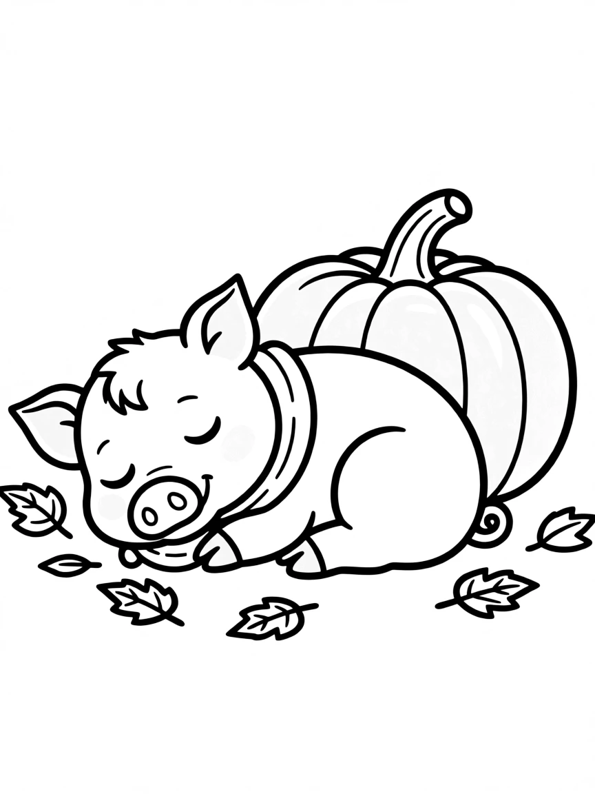 A pig sleeping next to a pumpkin in the fall