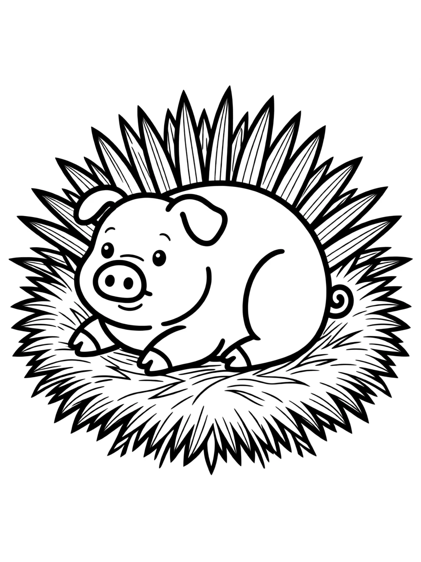 A pig with decorative straw bedding arranged around it