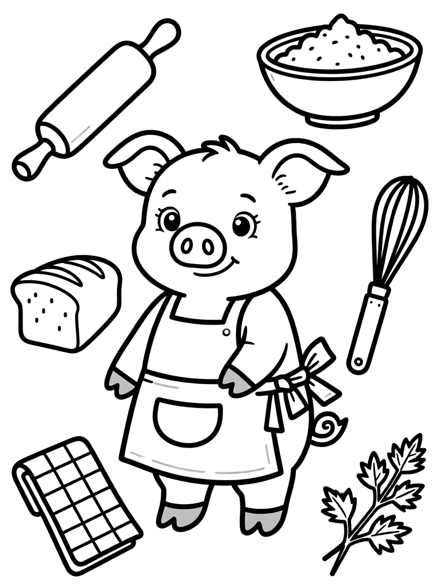 A pig with country kitchen elements arranged around it