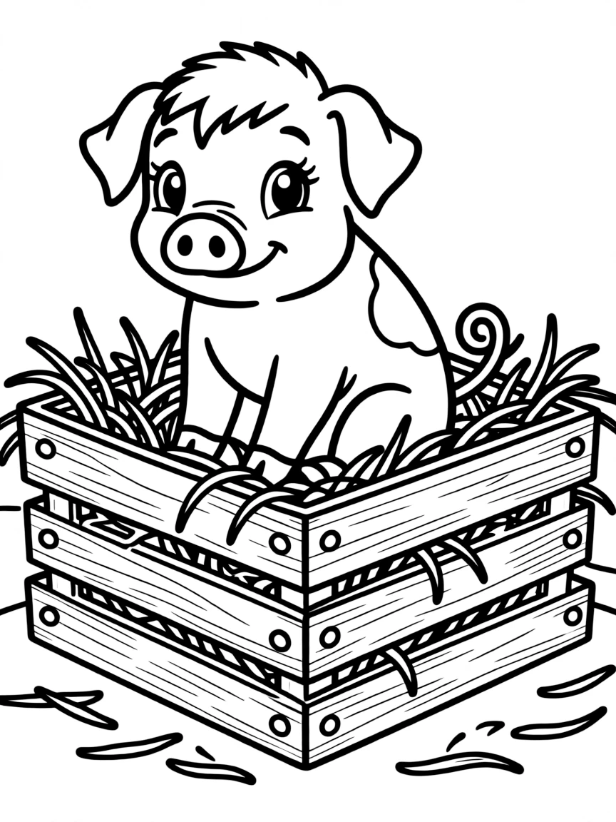 A pig nestled in a large wooden crate lined with straw