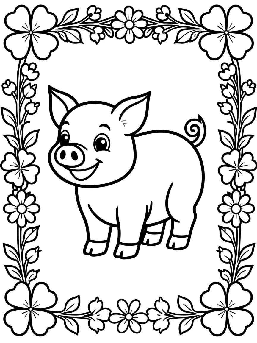 A pig surrounded by a border of clover and wildflowers