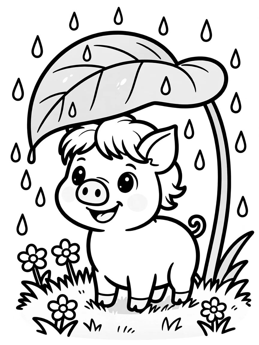 A pig sheltering under a large leaf during a spring shower