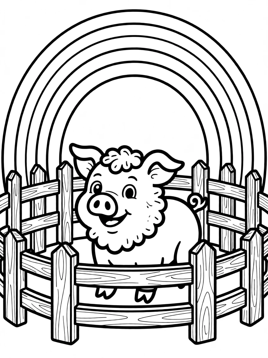 A pig with a magnificent rainbow arching over its pen