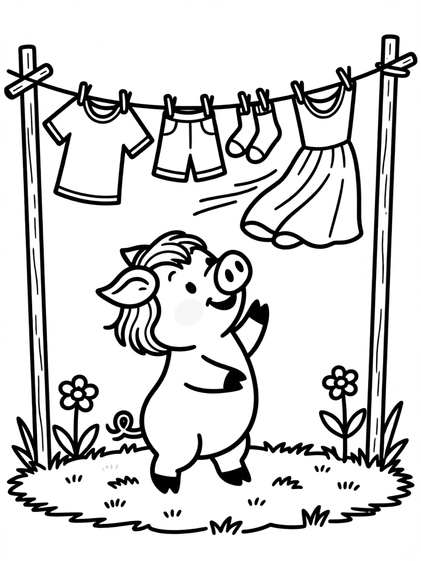 A pig watching clothes blowing on a washing line
