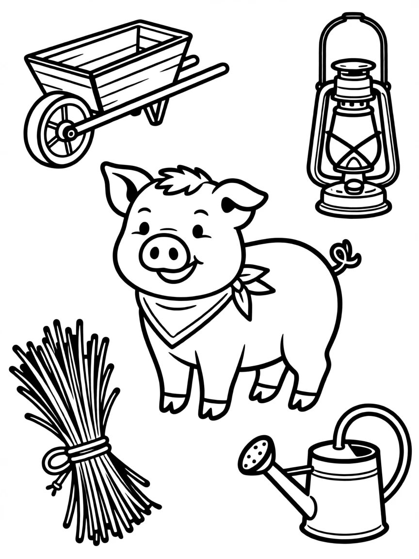 A pig with vintage farming elements arranged around it