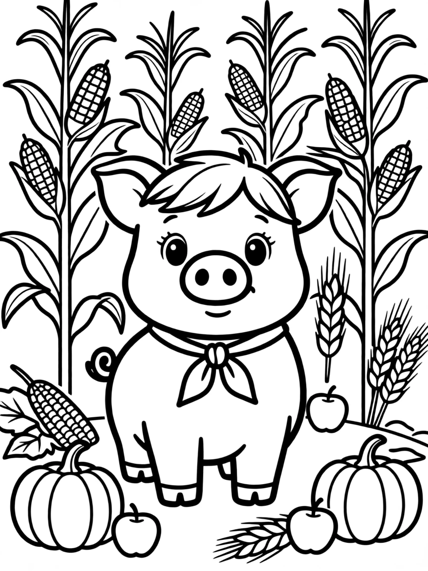 A pig with corn stalks and harvest elements around it