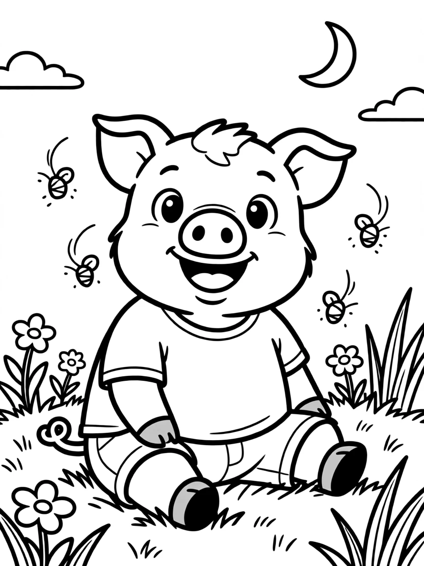 A pig watching fireflies on a summer evening