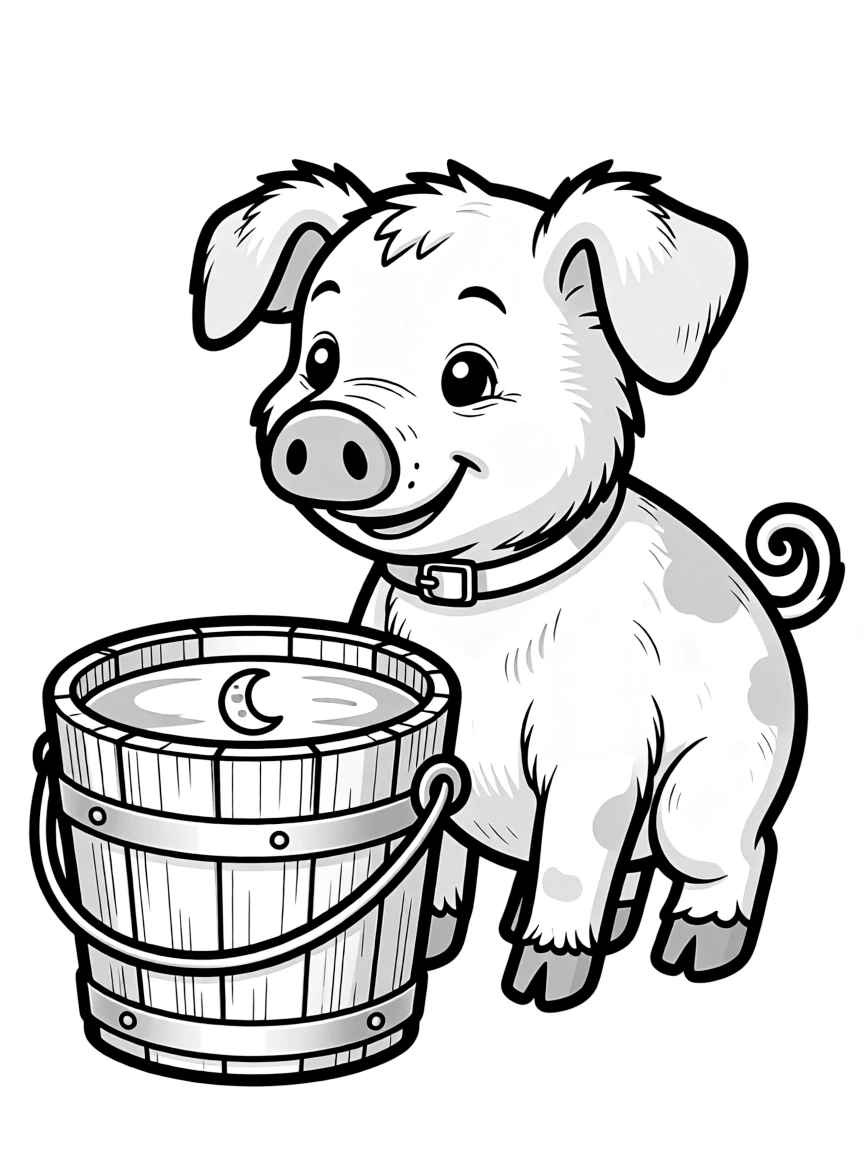 A pig with the moon reflecting in a water bucket nearby