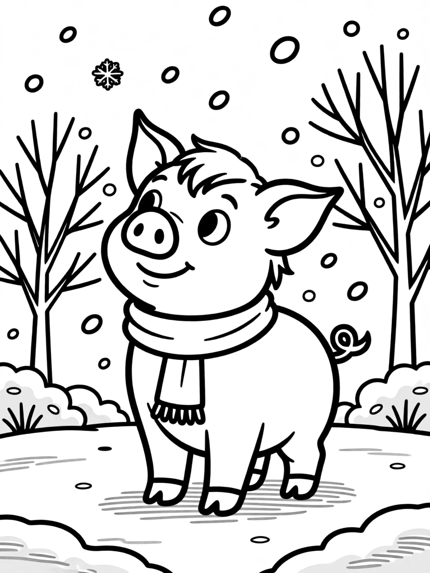 A pig watching the first snowfall of winter