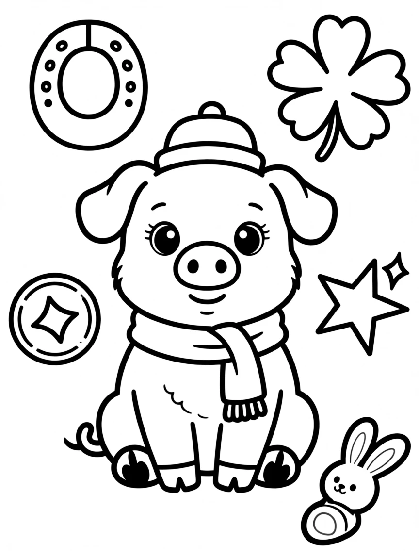 A pig surrounded by symbols of good fortune