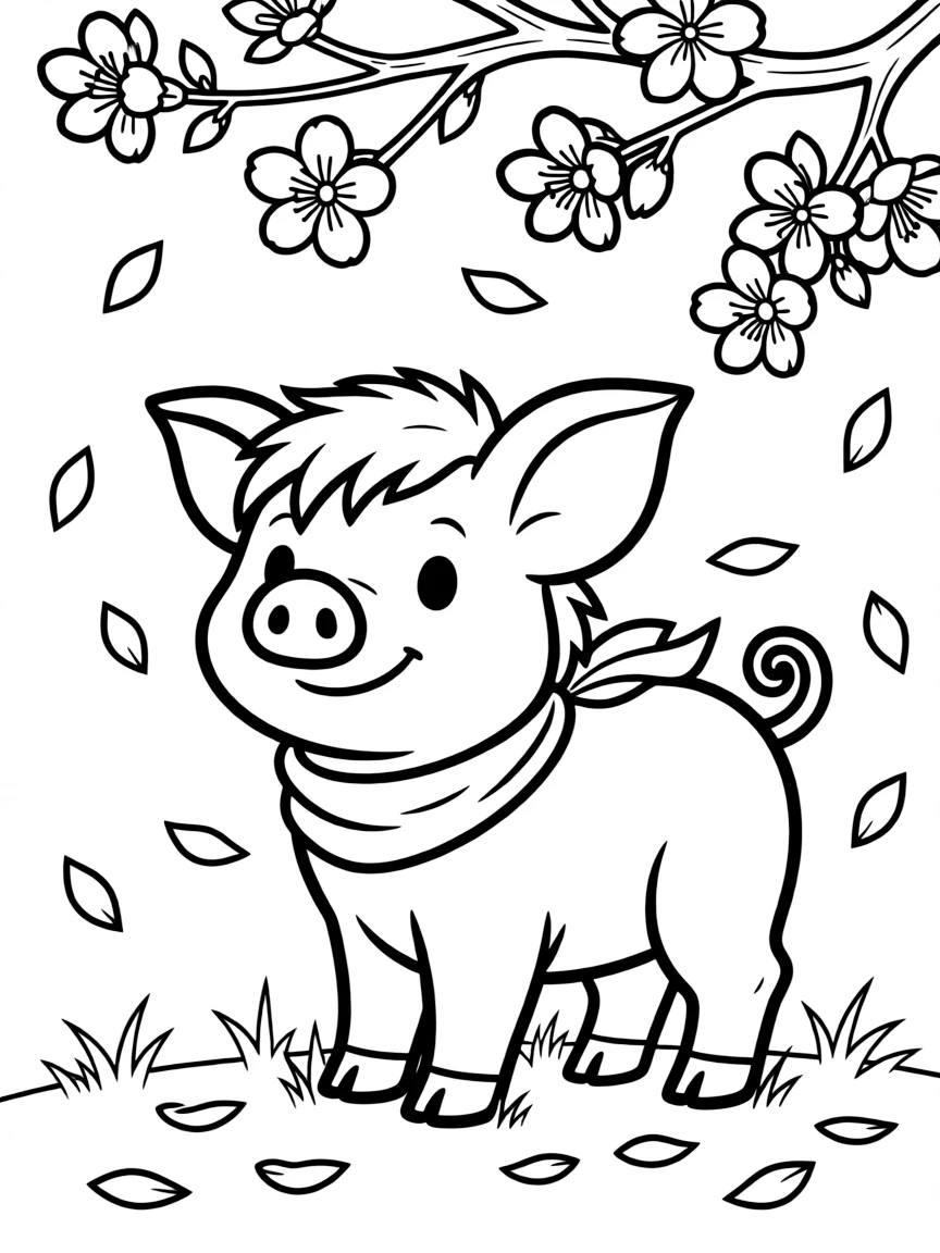 A pig surrounded by fallen petals from a blooming tree
