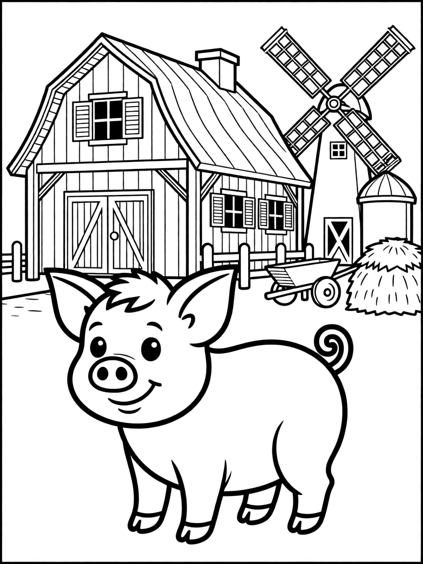 A pig with elaborate farm architecture in the background