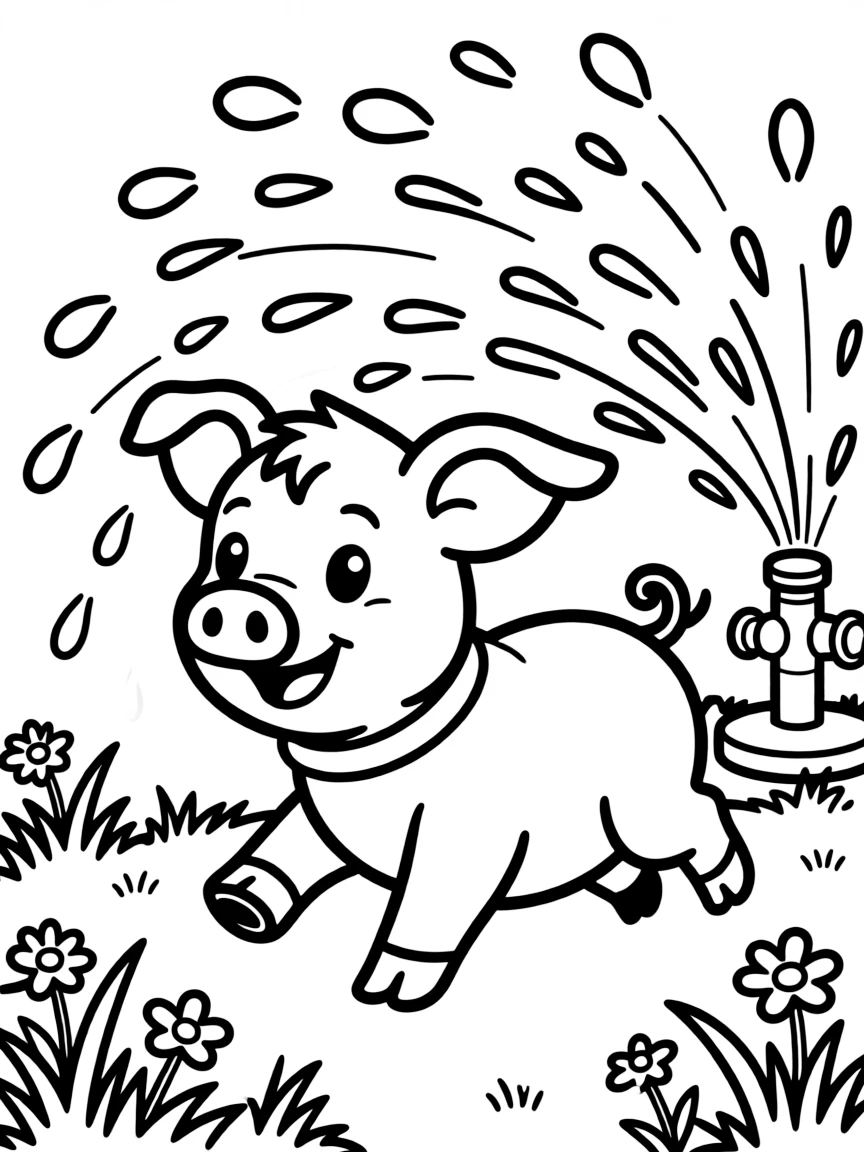 A pig running through a sprinkler on a hot day