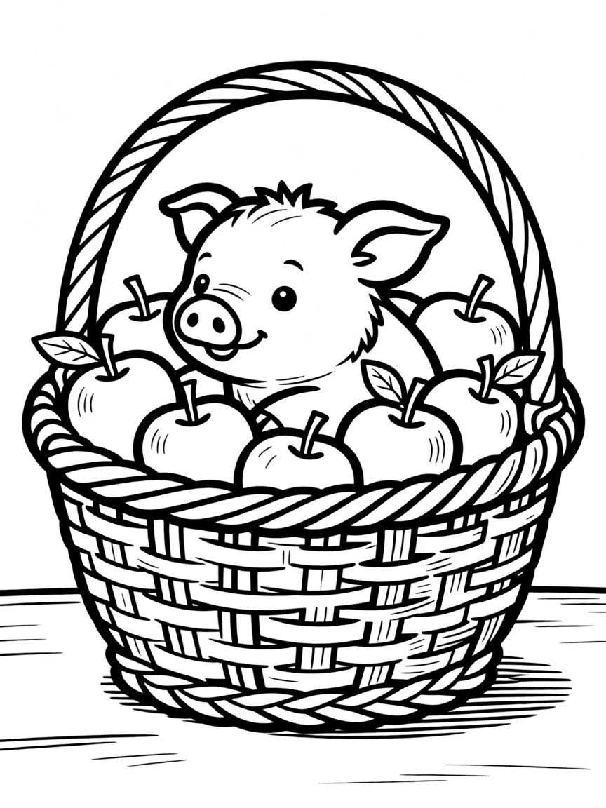A pig nestled in a basket of fresh apples