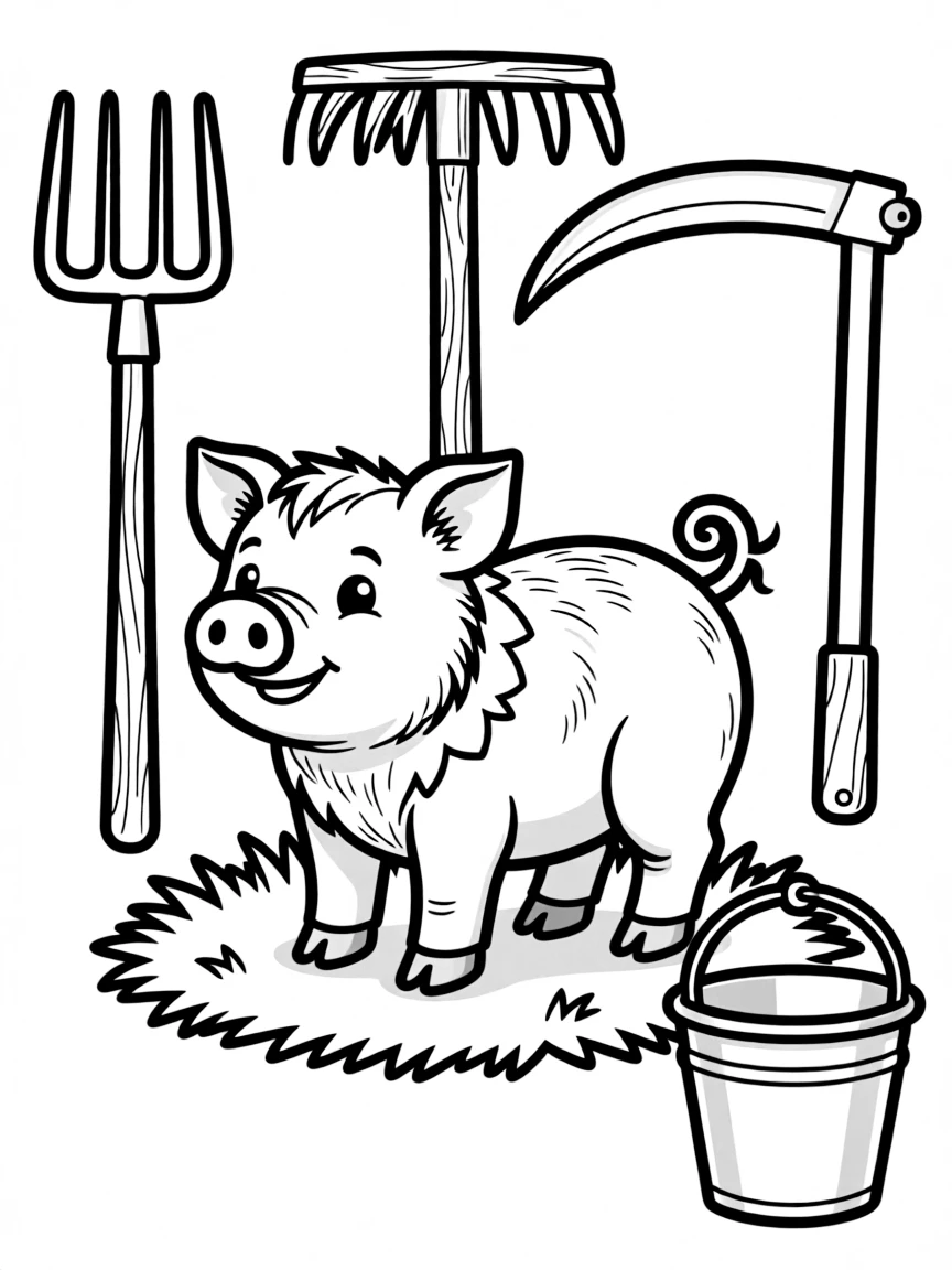 A pig with old-fashioned farming tools arranged around it