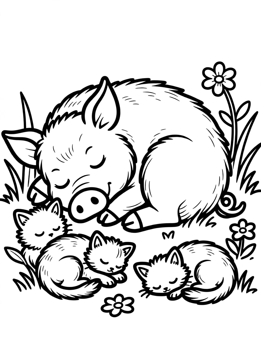 A pig curled up asleep with kittens nearby