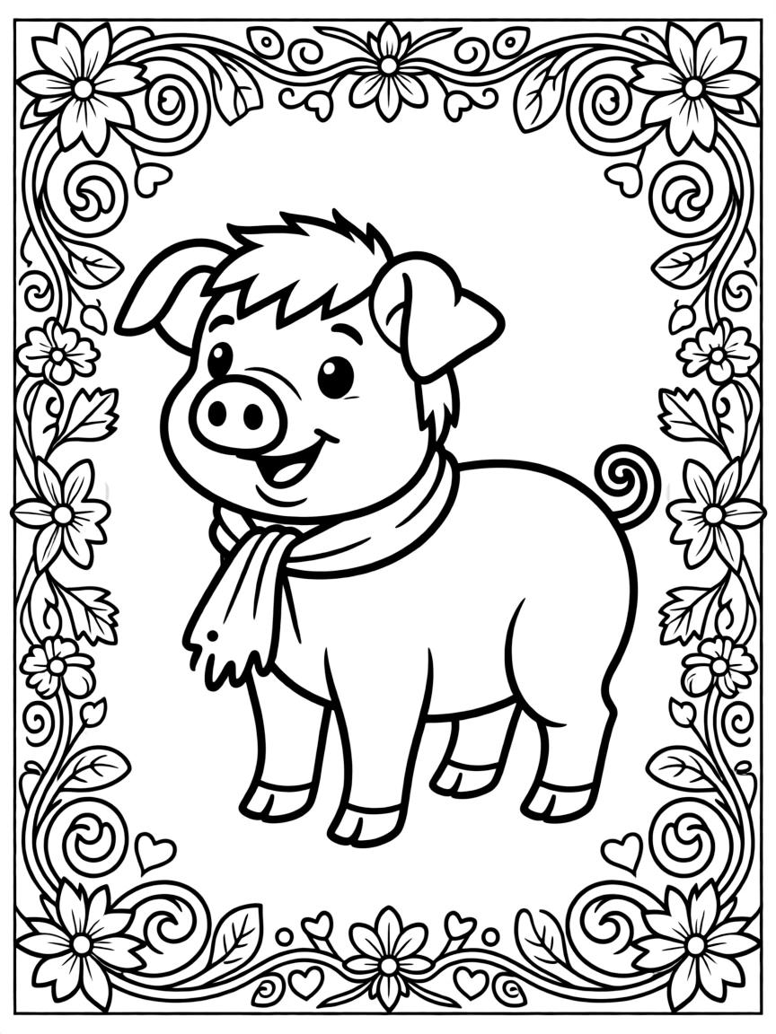A pig with ornate decorative borders surrounding the scene