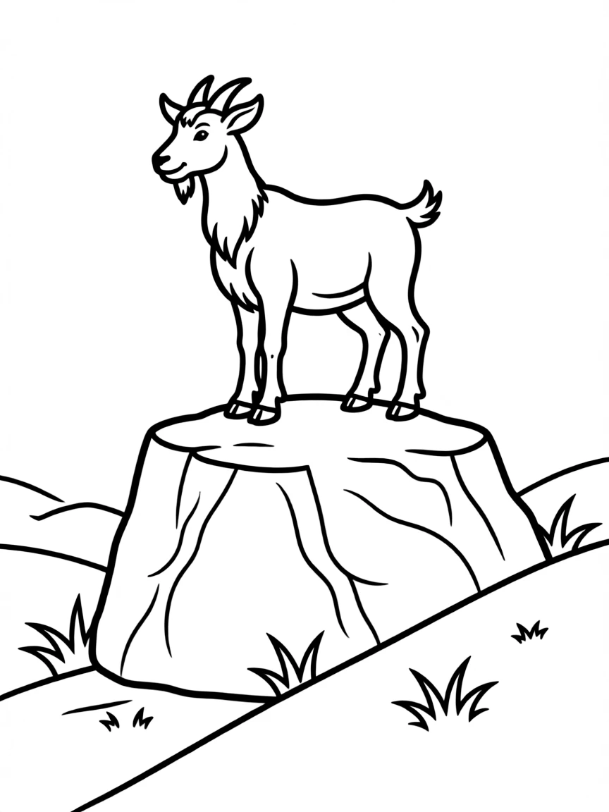 A goat standing proudly on top of a large rock on a hillside