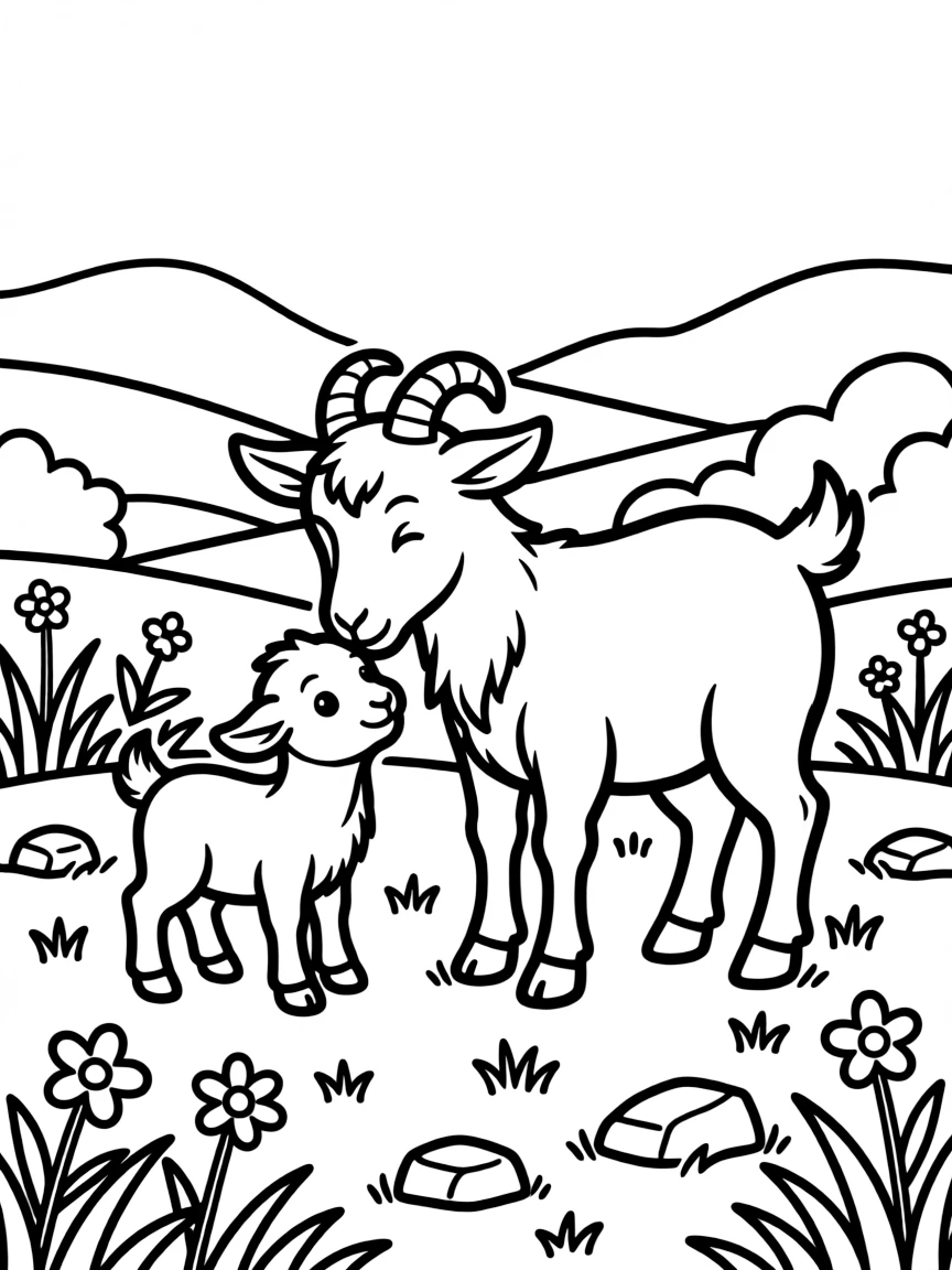 A mother goat nuzzling her kid as they stand in a meadow