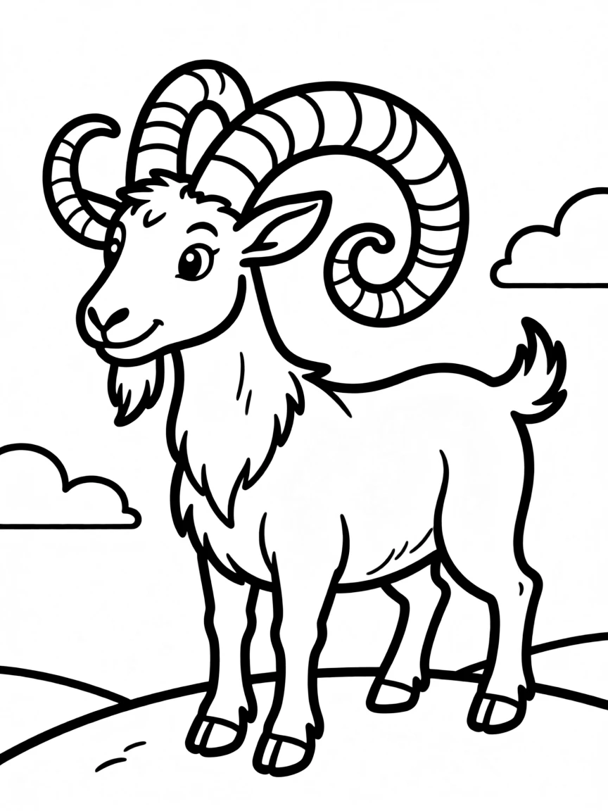 A goat with magnificent curved horns silhouetted against the sky