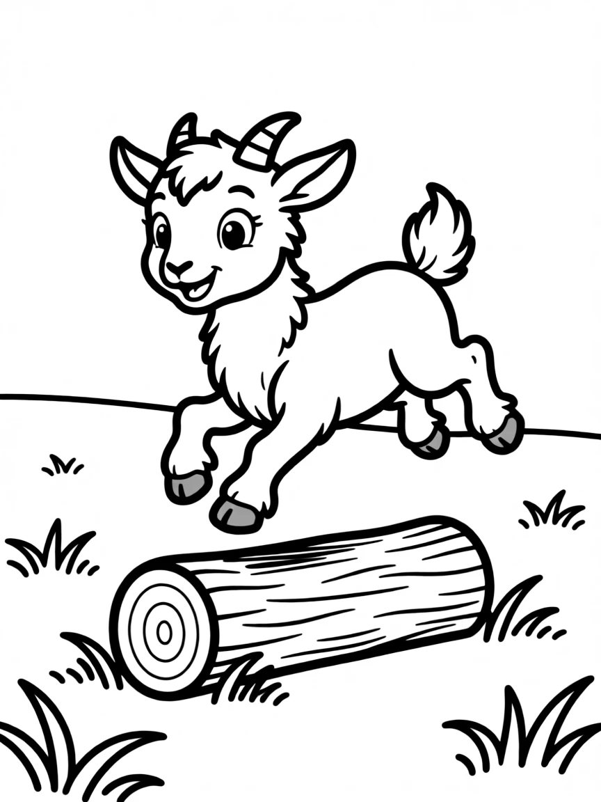 A baby goat leaping playfully over a small log in a field