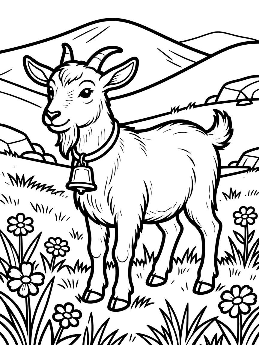 A goat with a bell around its neck standing on an Alpine meadow