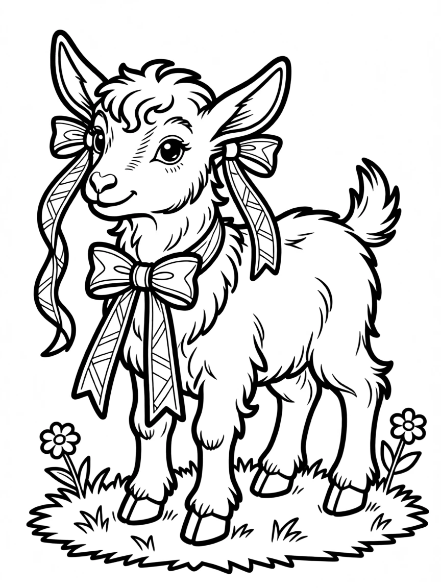 A pygmy goat with decorative ribbons tied in its fur