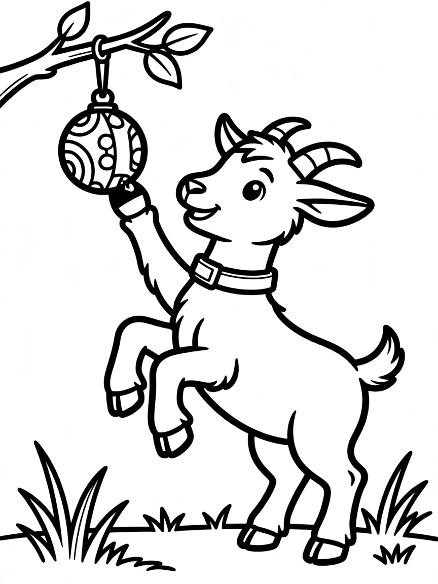 A goat standing on its hind legs to reach a hanging toy