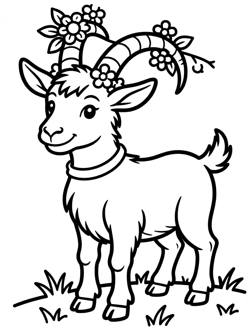 A goat with flowers woven between its horns