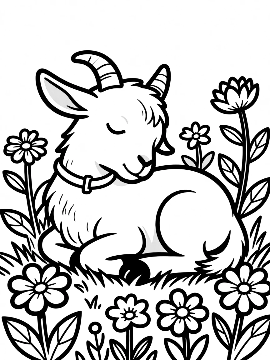 A young goat sleeping in a patch of wildflowers