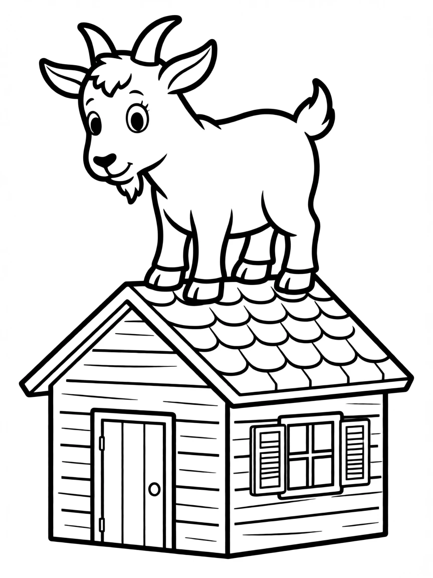 A goat standing on top of a farm building looking down