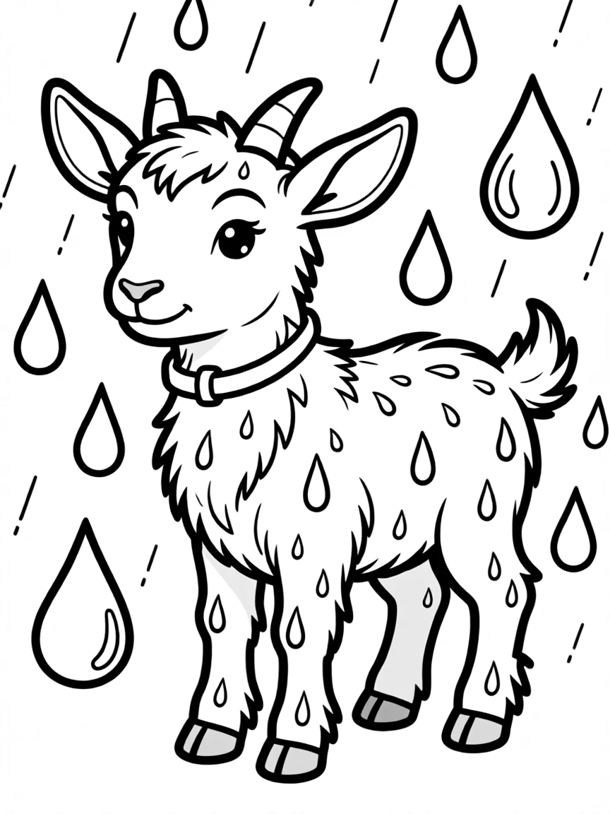 A goat with raindrops glistening on its fur after a shower