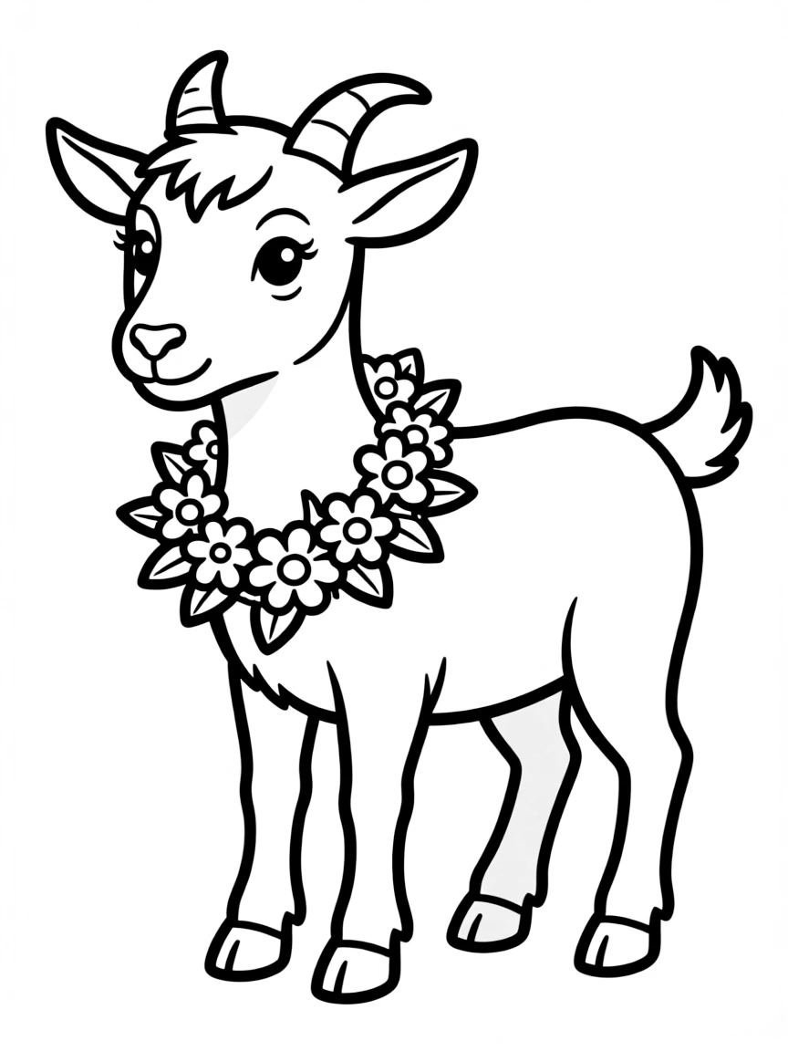 A goat wearing a flower garland around its neck for a festival