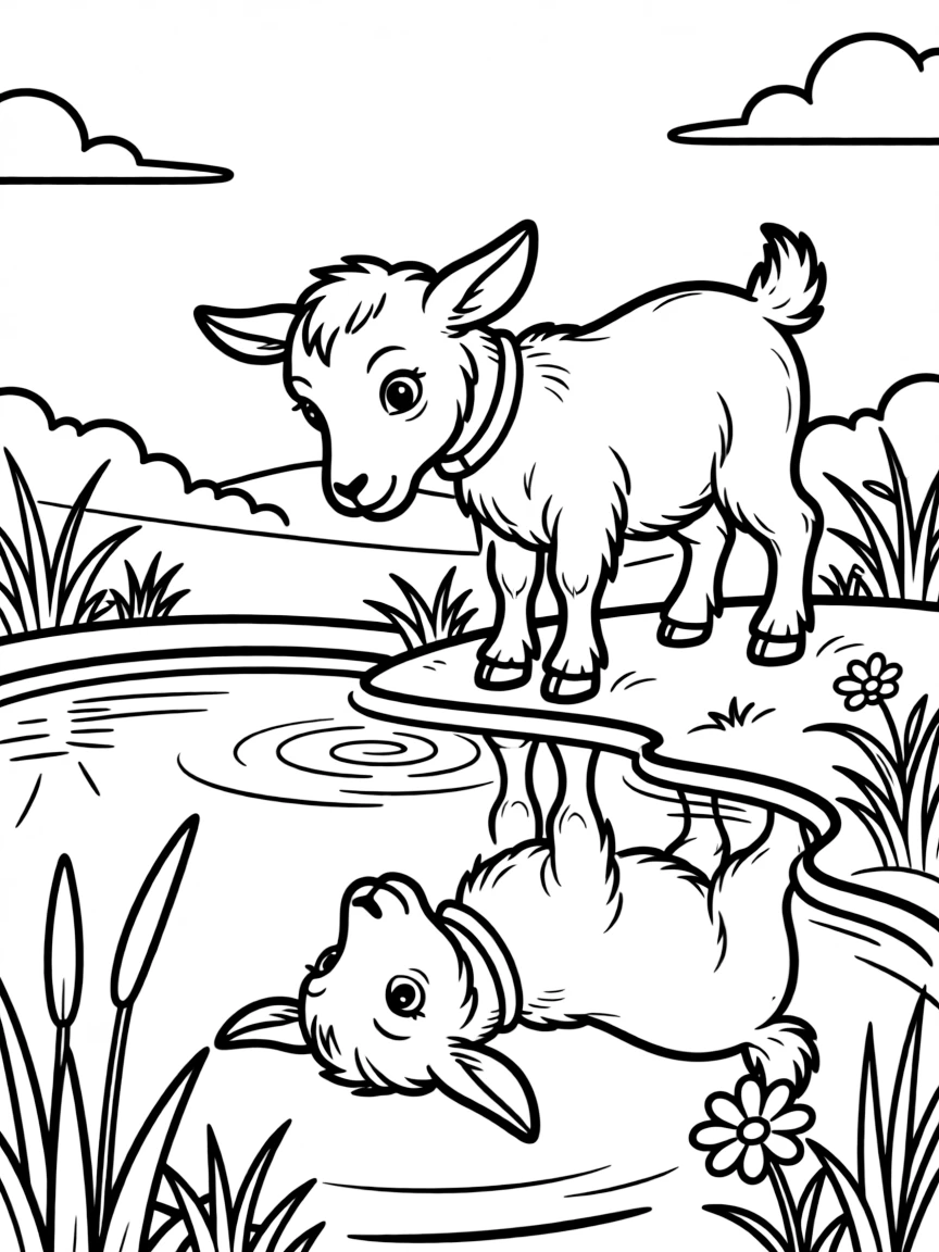 A goat contemplating its reflection in a still pond