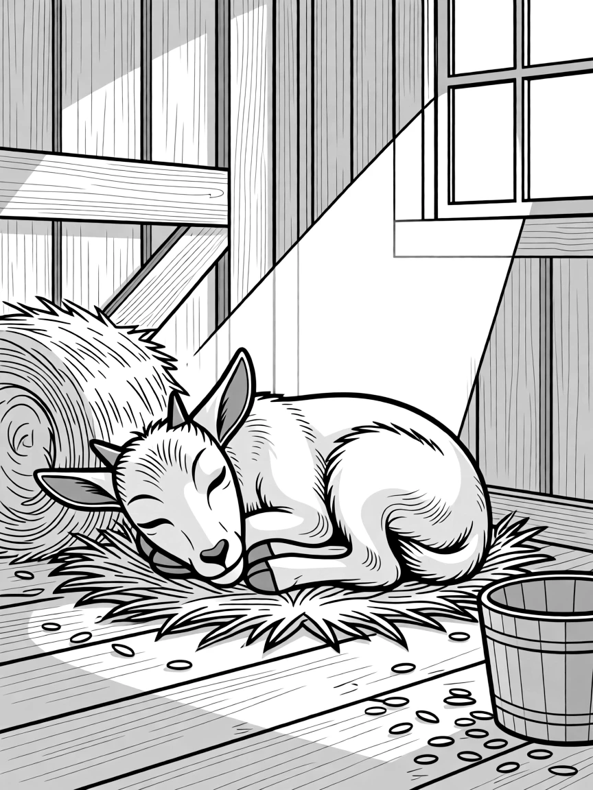 A goat curled up asleep in a beam of sunlight in the barn