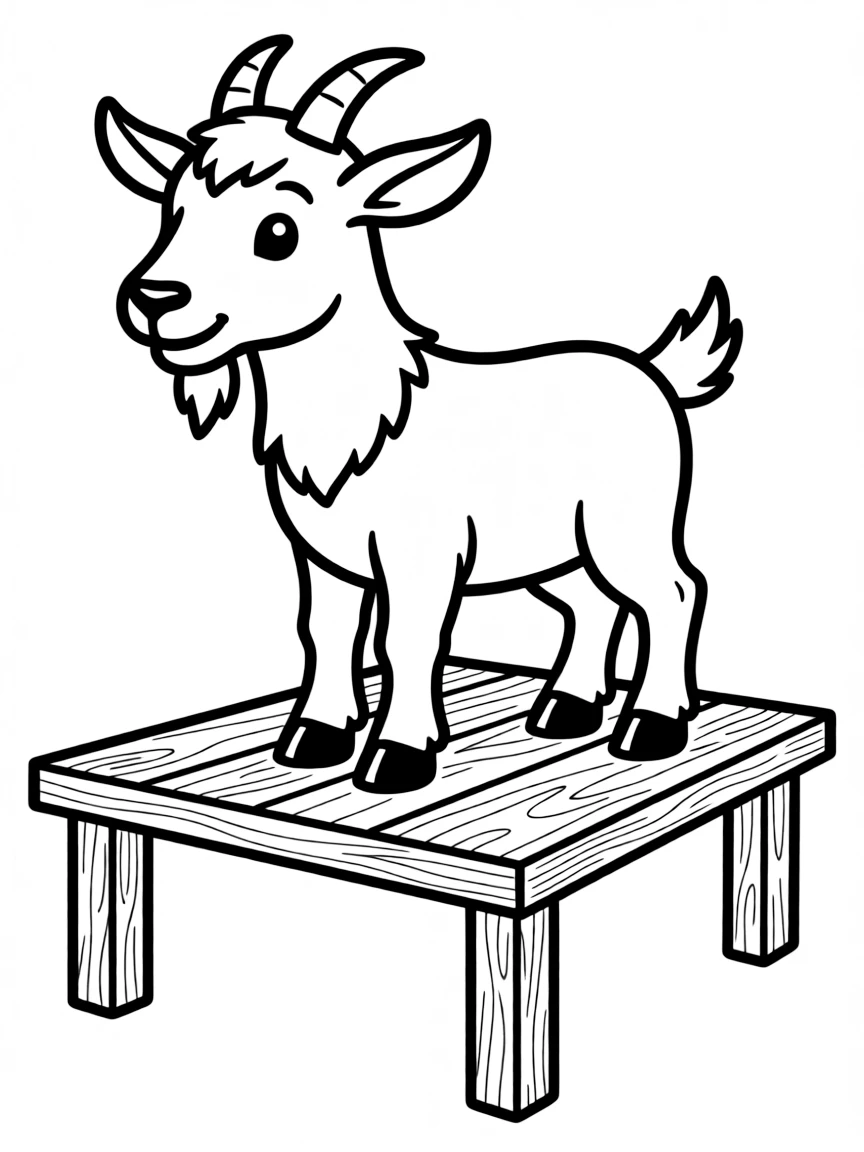 A goat standing on a wooden table that clearly isn't meant for goats