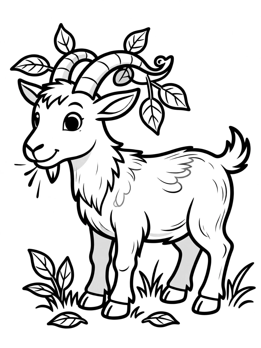 A goat with leaves caught in its horns after browsing