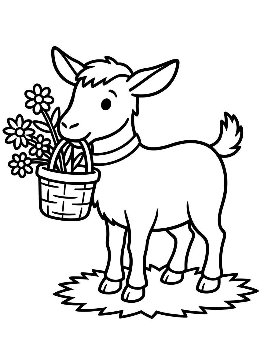 A goat carrying a small basket of flowers in its mouth