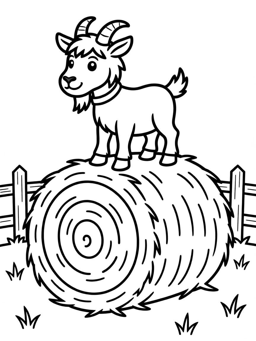 A goat standing on a hay bale surveying the farm