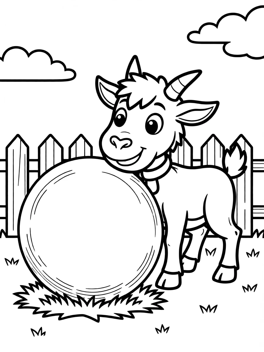 A goat headbutting a large ball in the farmyard