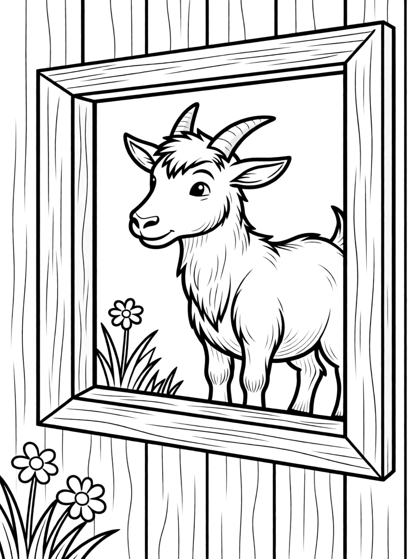 A goat looking out a barn window with its head tilted