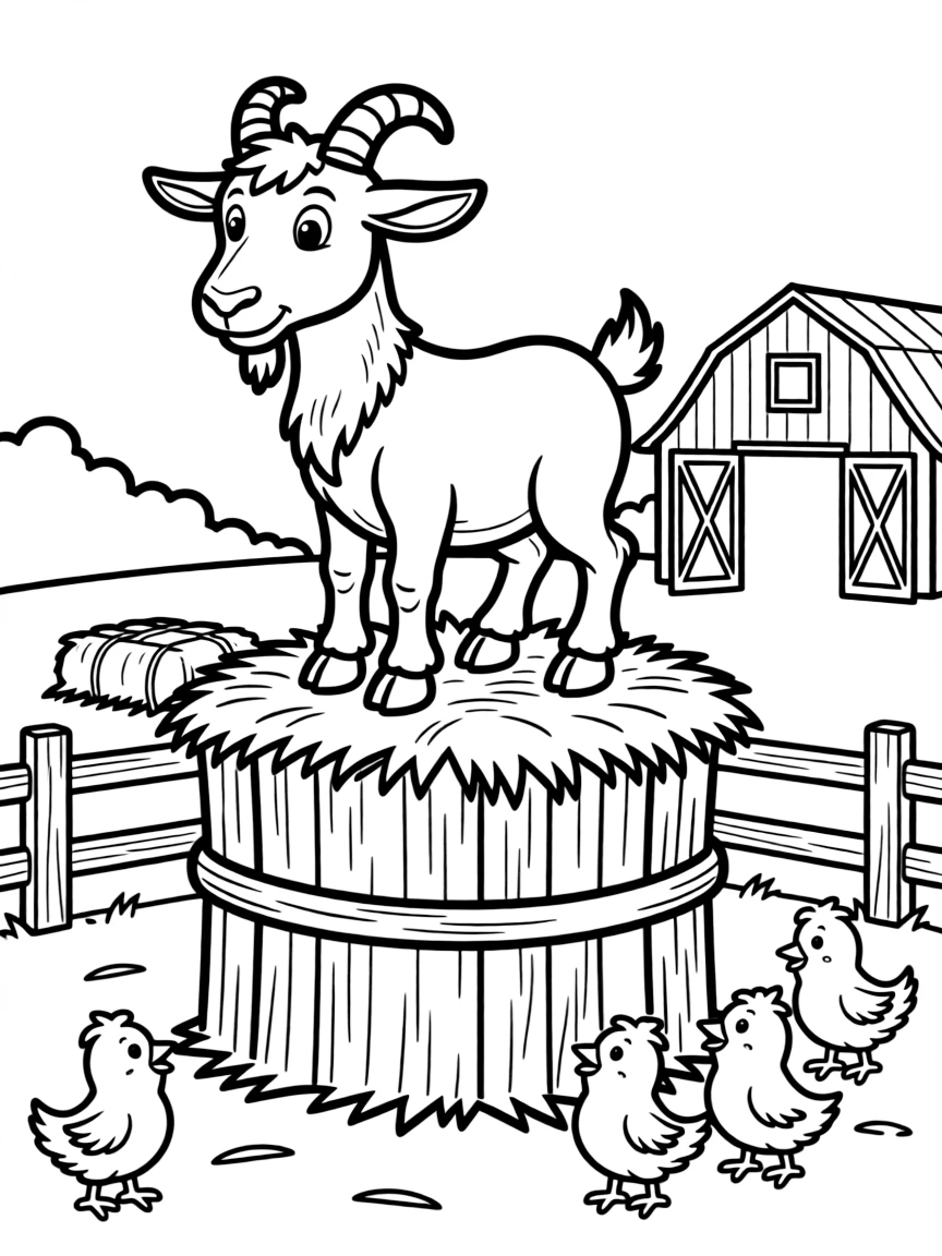 A goat claiming the highest point in the barnyard as its throne