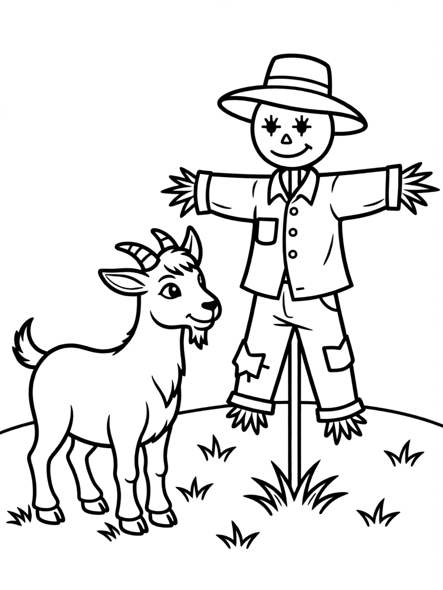 A goat investigating a scarecrow with curiosity