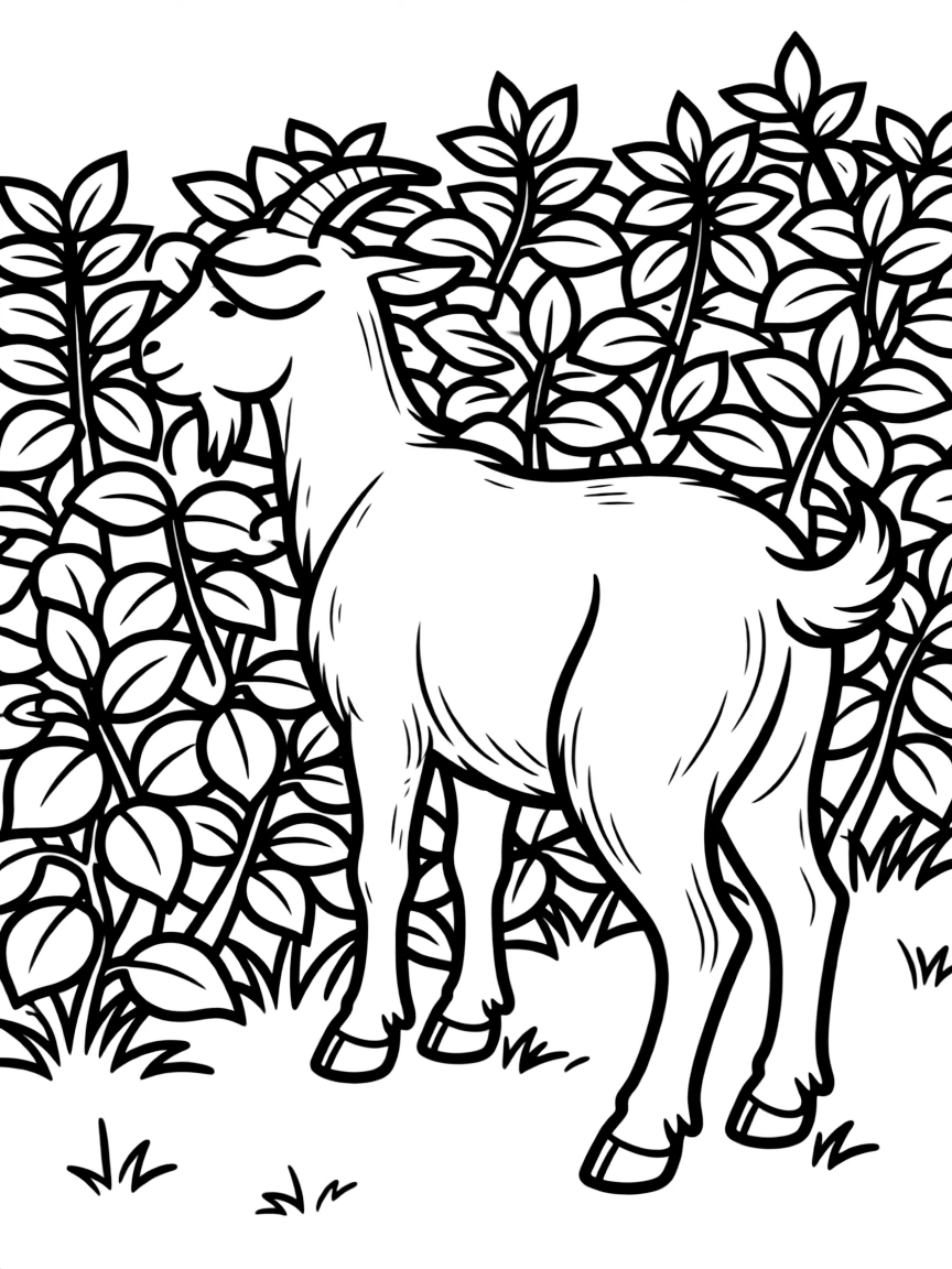 A goat browsing on a hedge with just its back legs visible