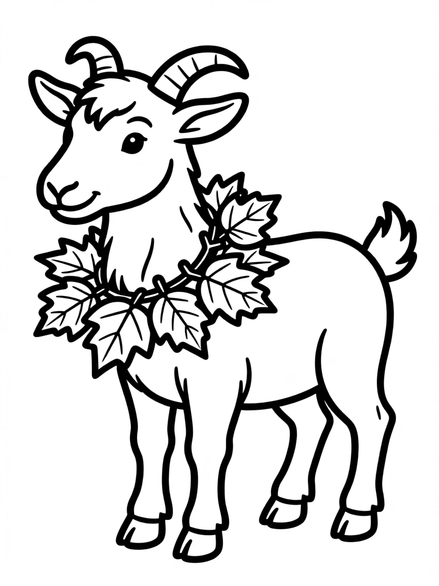 A goat with a wreath of autumn leaves around its neck