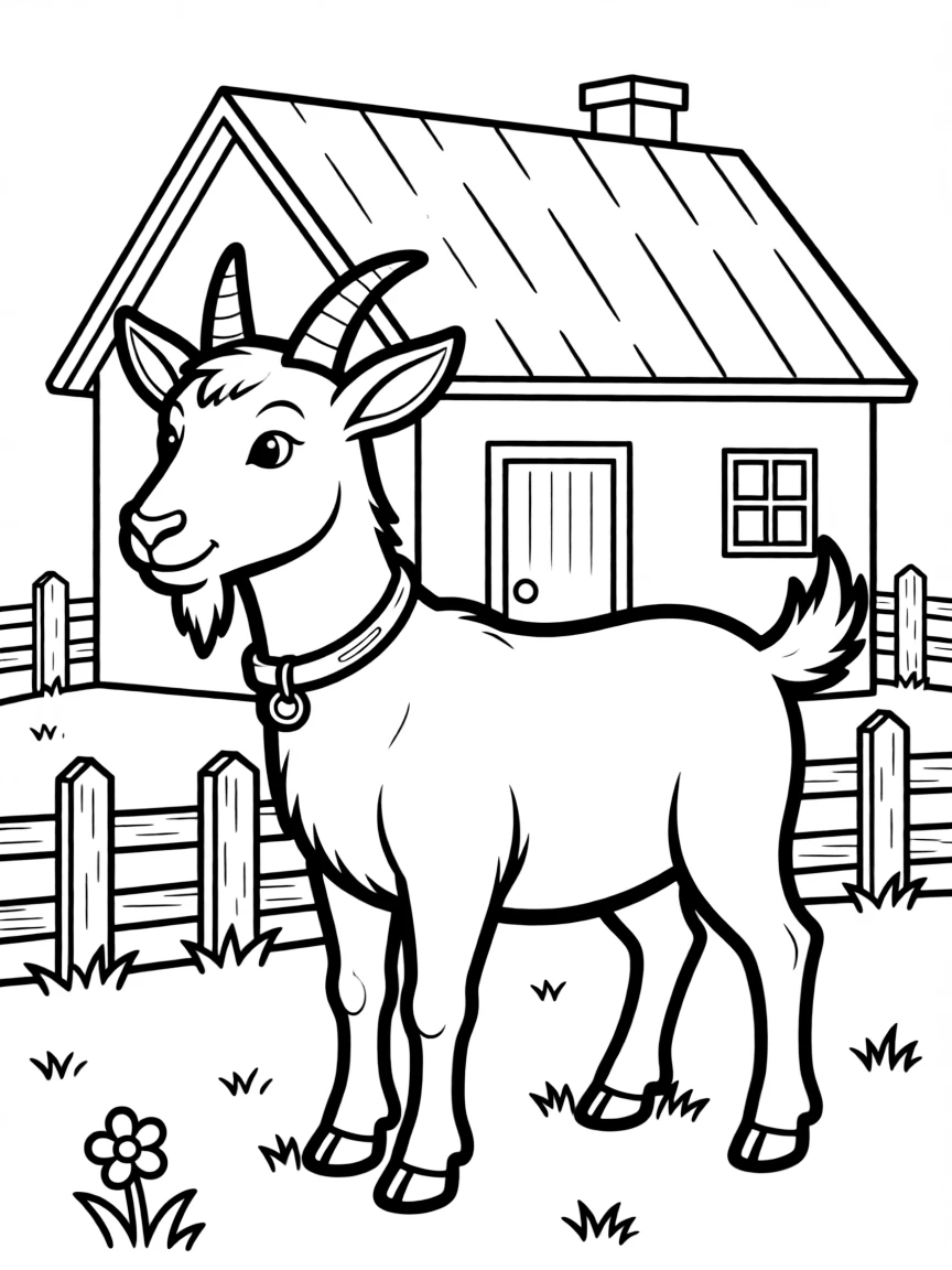 A goat looking unusually dignified in front of a farmhouse