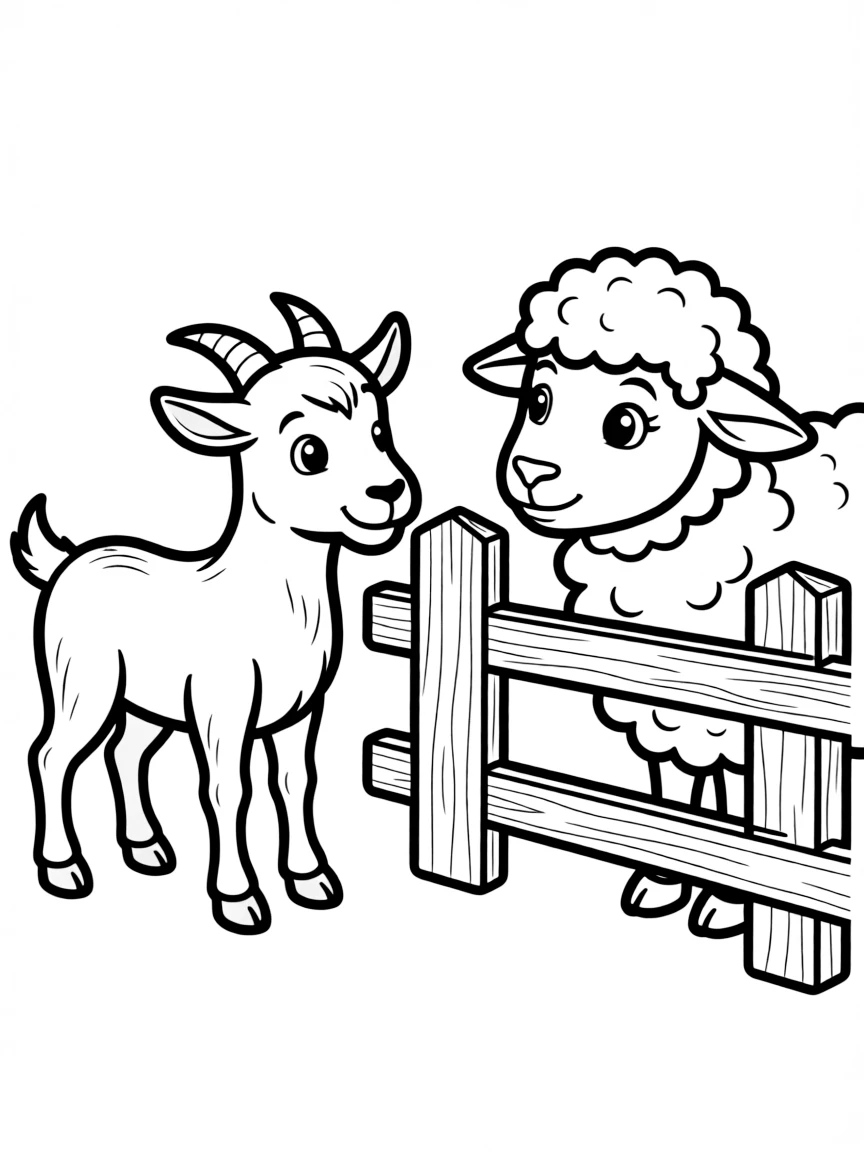 A goat meeting a sheep across a fence with curious expressions